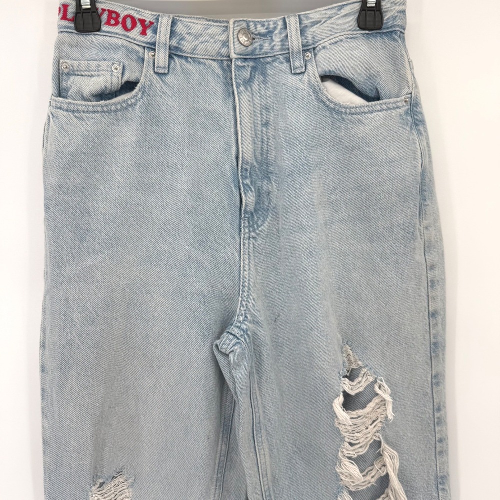 Playboy Jeans Women 27 Light Wash PacSun Distressed Straight Leg Red Logo Bunny